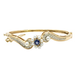 14K Blue Sapphire Diamond Pearl  Floral Motif Bracelet
